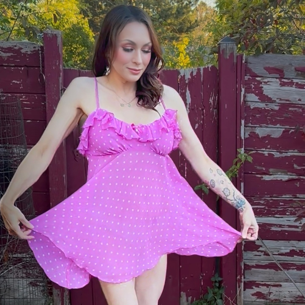 In Bloom Pink Polka Dot Ruffle Chemise - Picture 3 of 9